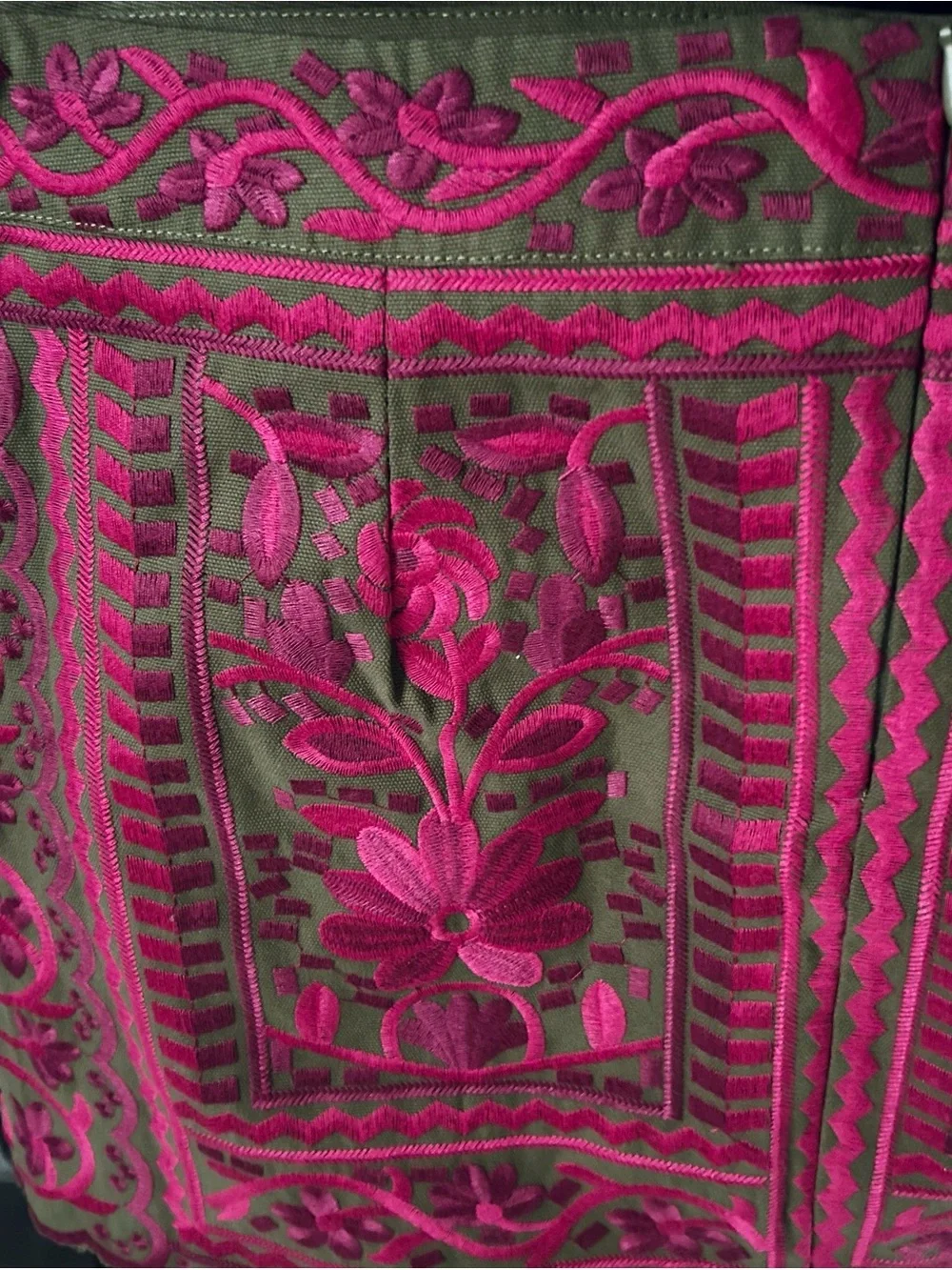 NWT J. MARIE Embroidered Floral Skirt Olive Green Fuchsia Boho Designer Cotton - Picture 2 of 16